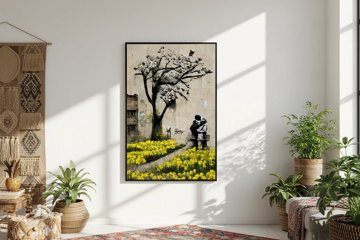 Banksy Couple Embracing Under Blossom Tree with Yellow Daffodils Graffiti Street Art