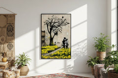 Banksy Couple Embracing Under Blossom Tree with Yellow Daffodils Graffiti Street Art